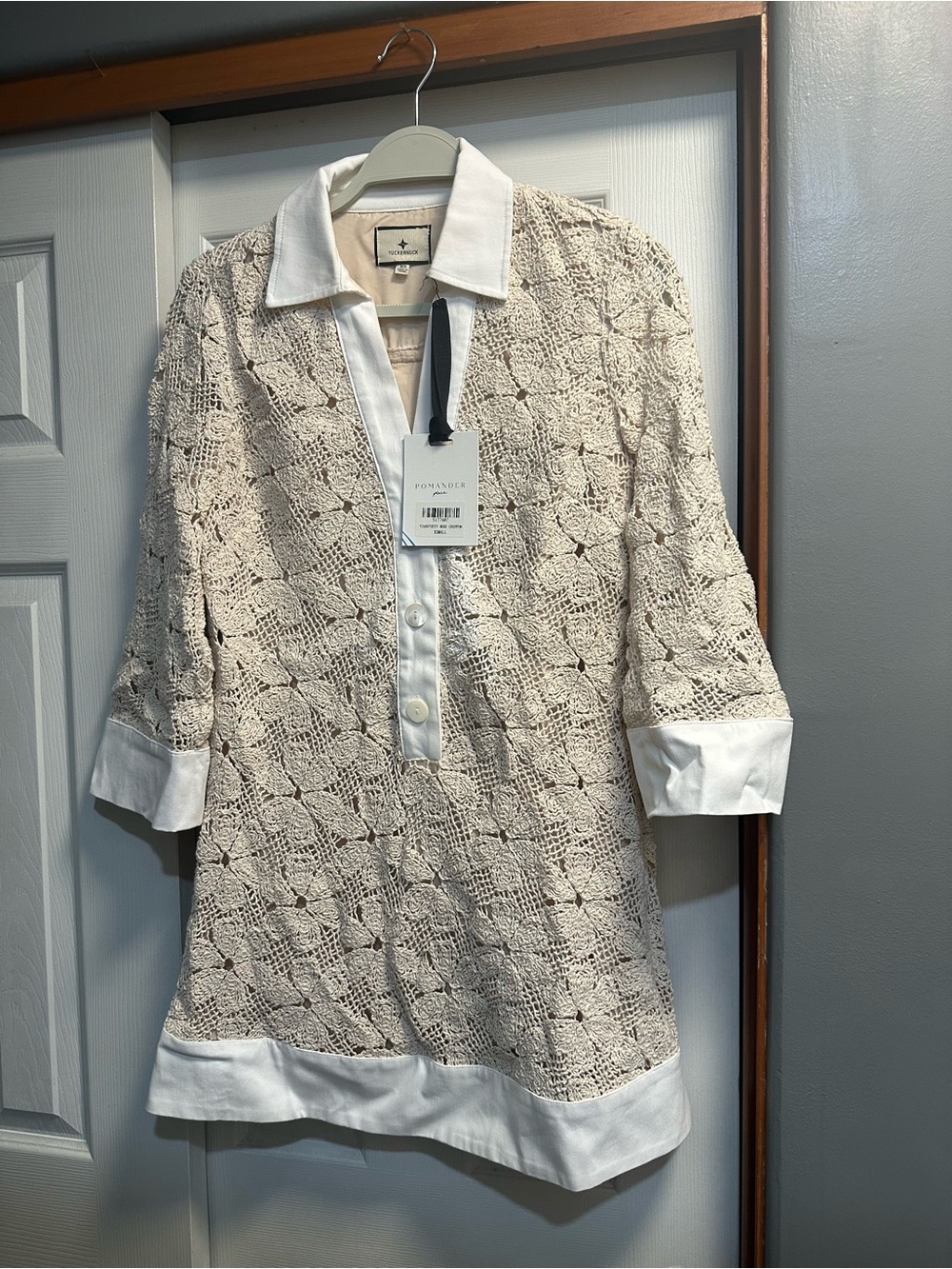 Tuckernuck Cream Crochet Collared Tunic with White Trim